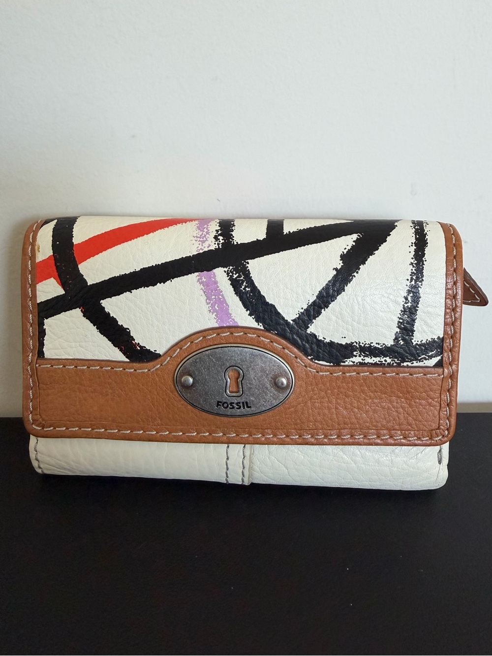 Fossil Abstract Print Leather Trifold Wallet White Brown Multicolor